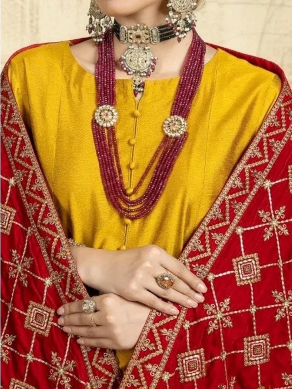 Red velvet Silk Wedding Dress with Red Embroidered Shawl mohagni